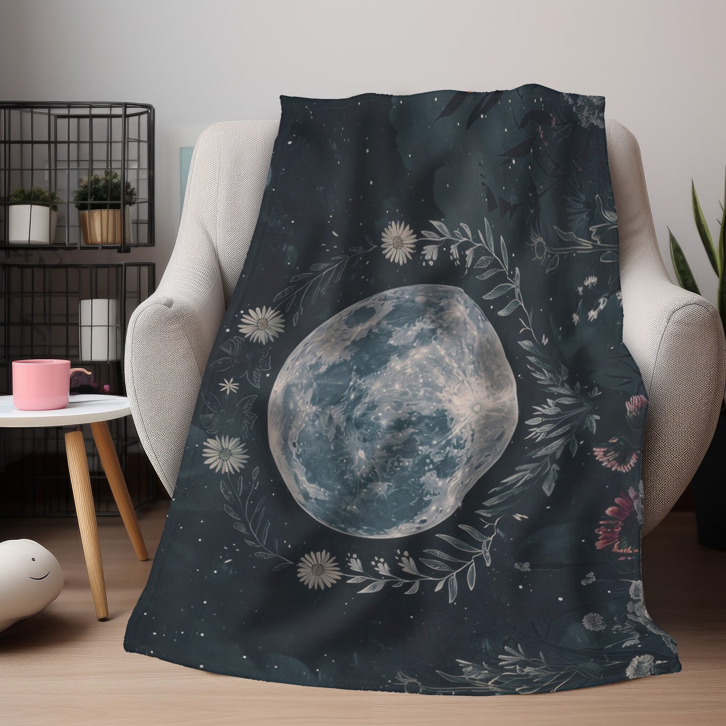 Full Moon & Wildflowers Double Sided Throw Blanket, Witchy Occult Design, Nature Lover Gift, Enchanting Aesthetic Bedroom and Living Room Decor