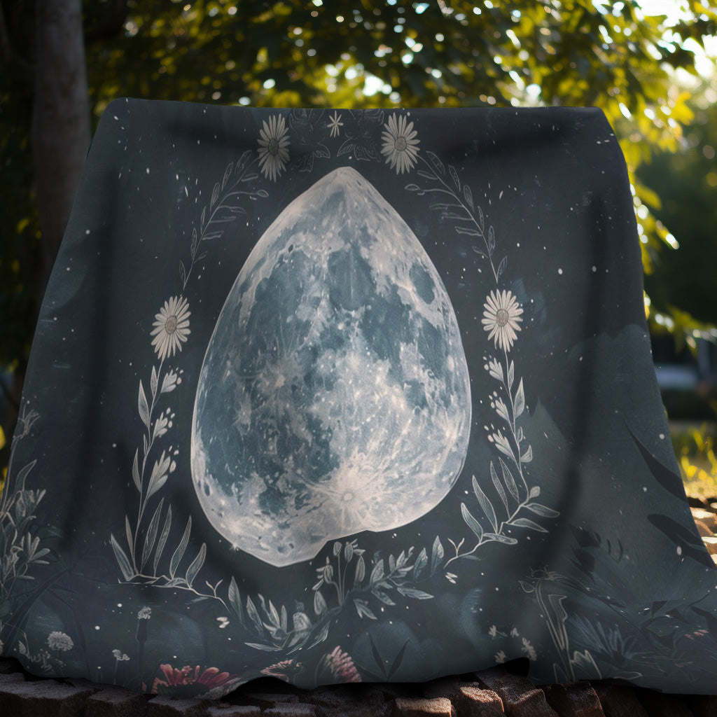 Full Moon & Wildflowers Double Sided Throw Blanket, Witchy Occult Design, Nature Lover Gift, Enchanting Aesthetic Bedroom and Living Room Decor