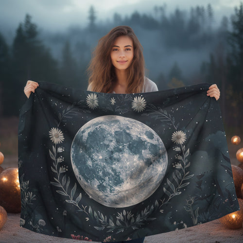 Full Moon & Wildflowers Double Sided Throw Blanket, Witchy Occult Design, Nature Lover Gift, Enchanting Aesthetic Bedroom and Living Room Decor