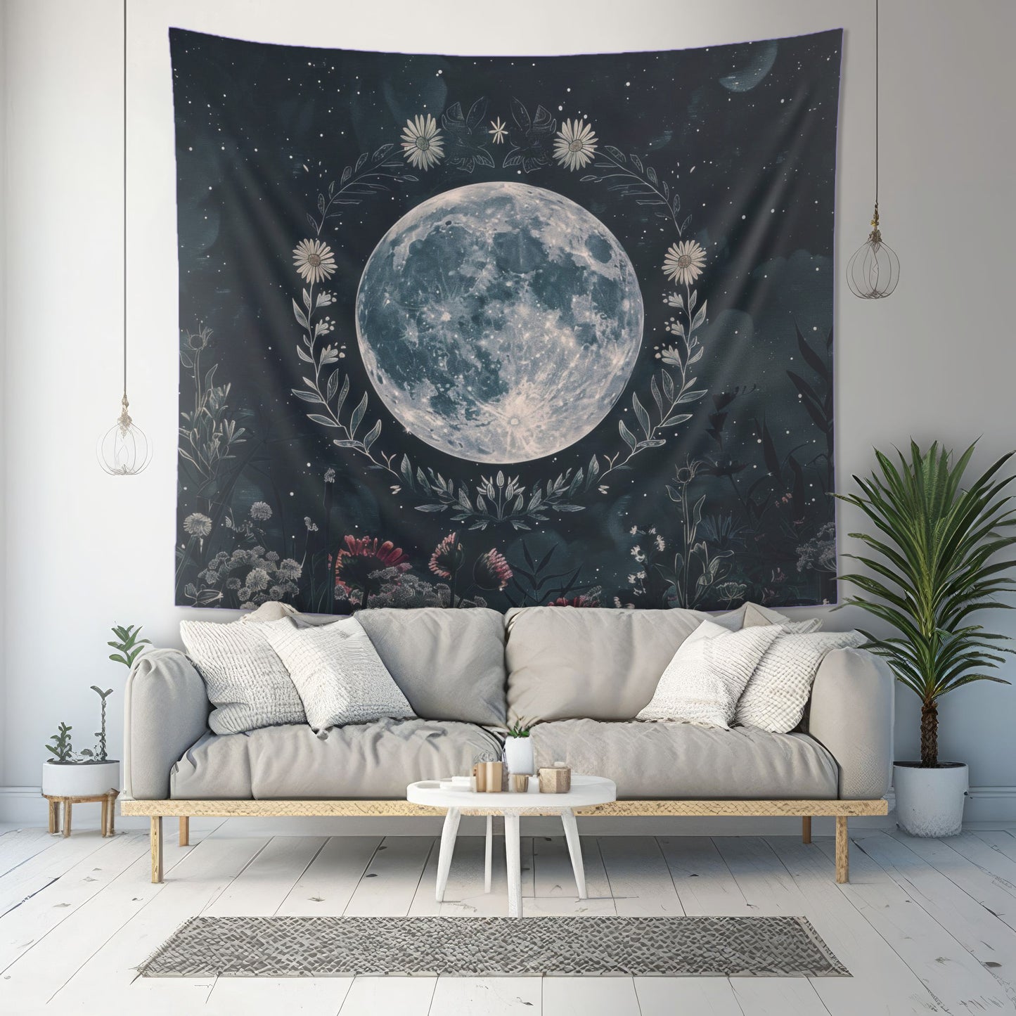 Full Moon & Wildflower Indoor Wall Tapestry, Dark Cottagecore Design, Lunar Lover Gift, Enchanting Decor
