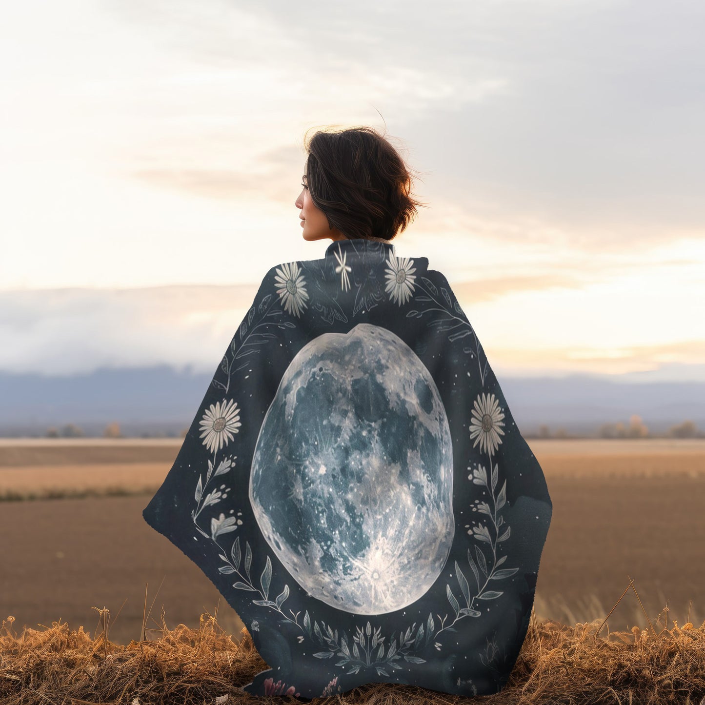 Full Moon & Wildflowers Double Sided Throw Blanket, Witchy Occult Design, Nature Lover Gift, Enchanting Aesthetic Bedroom and Living Room Decor