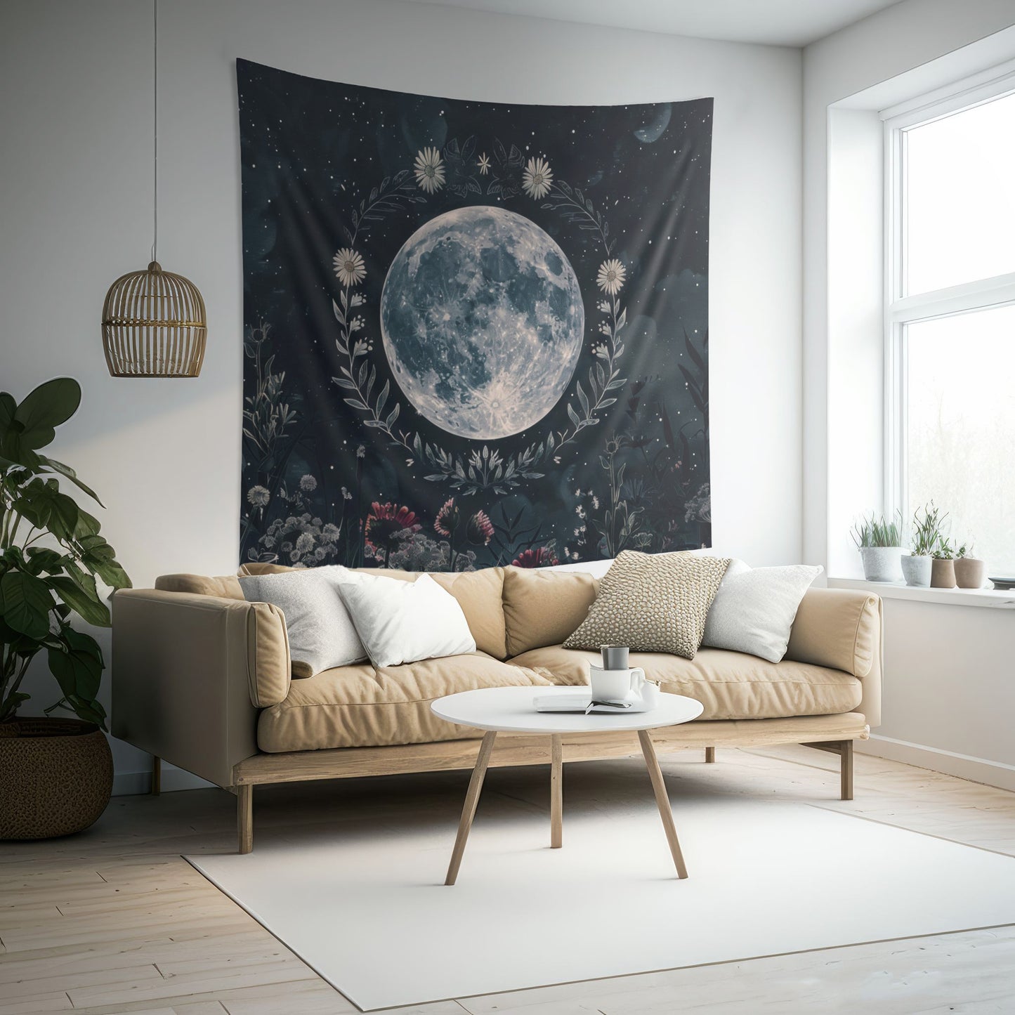 Full Moon & Wildflower Indoor Wall Tapestry, Dark Cottagecore Design, Lunar Lover Gift, Enchanting Decor