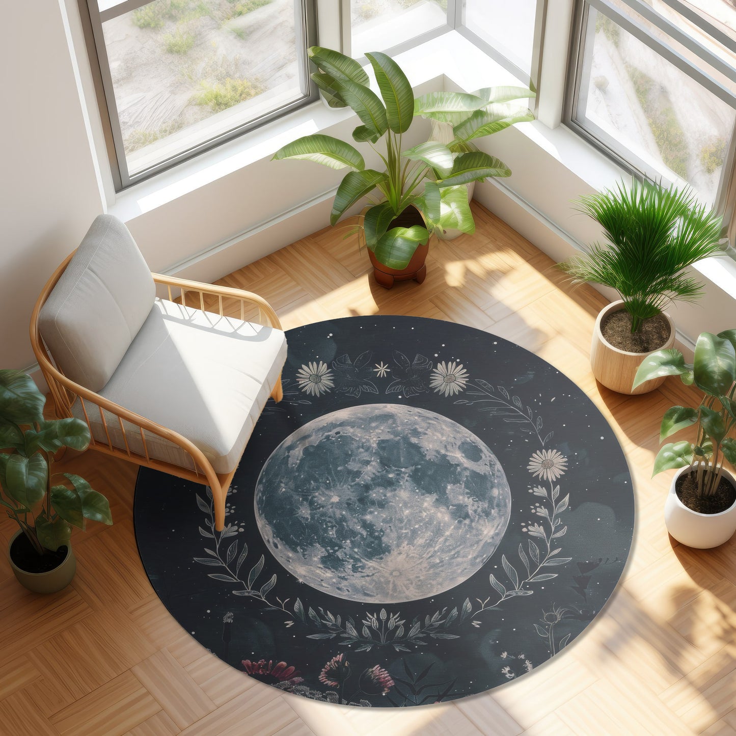 Full Moon & Wildflower Mandala Chenille Rug – Occult-Inspired Decor for Living Room, Bedroom, and Meditation Spaces