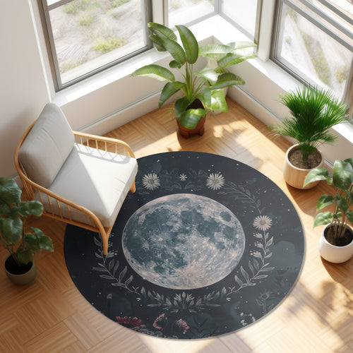 Full Moon & Wildflower Mandala Chenille Rug – Occult-Inspired Decor for Living Room, Bedroom, and Meditation Spaces