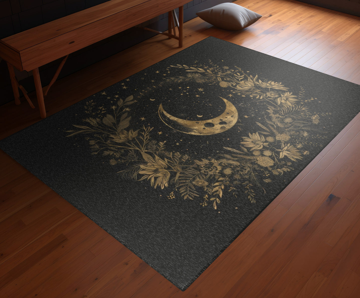 Gold Crescent Moon & Wildflower Mandala Polyester Chenille Area Rug (3 Sizes), Dark Cottagecore Design, Witchy Lunar Aesthetic Room Decor