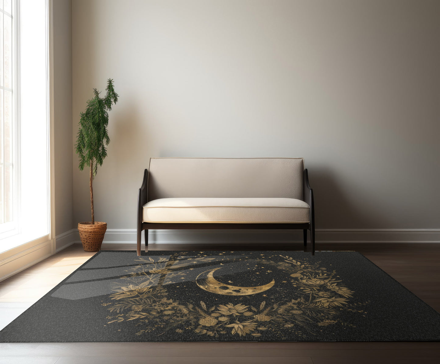 Gold Crescent Moon & Wildflower Mandala Polyester Chenille Area Rug (3 Sizes), Dark Cottagecore Design, Witchy Lunar Aesthetic Room Decor