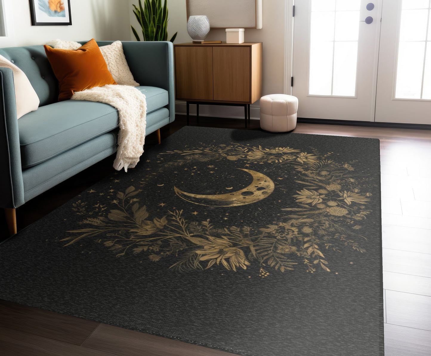 Gold Crescent Moon & Wildflower Mandala Polyester Chenille Area Rug (3 Sizes), Dark Cottagecore Design, Witchy Lunar Aesthetic Room Decor
