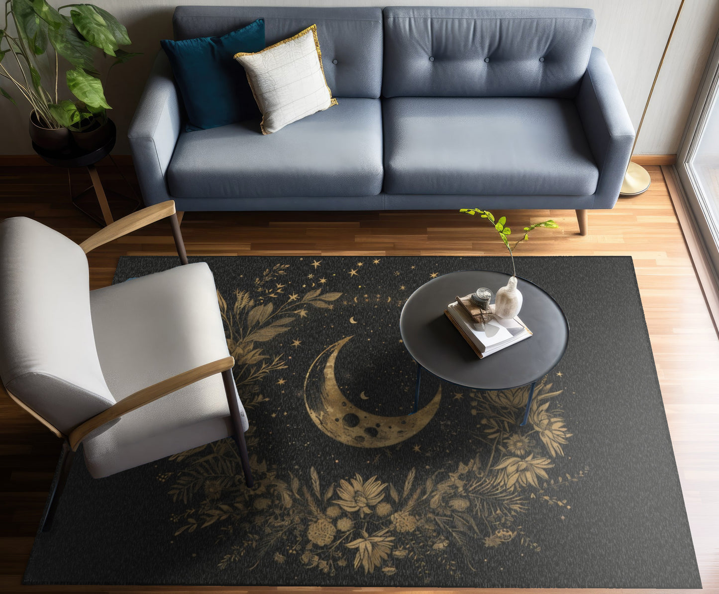 Gold Crescent Moon & Wildflower Mandala Polyester Chenille Area Rug (3 Sizes), Dark Cottagecore Design, Witchy Lunar Aesthetic Room Decor