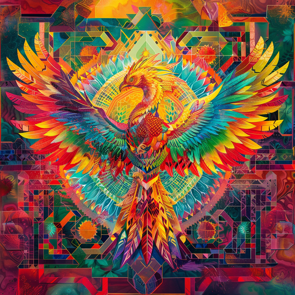 Psychedelic Rainbow Phoenix Double Sided Tote Bag, Street Art Aesthetic, Vibrant Colorful Fashion Style, 3 Sizes, Black Handles