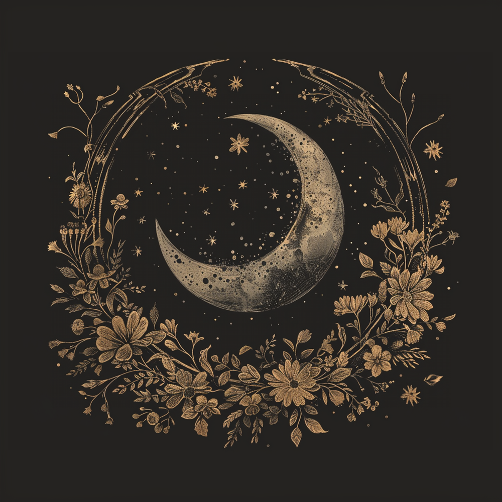 Faded Crescent Moon & Wildflower Mandala Polyester Chenille Area Rug (3 Sizes), Dark Cottagecore Design, Witchy Lunar Aesthetic Room Decor