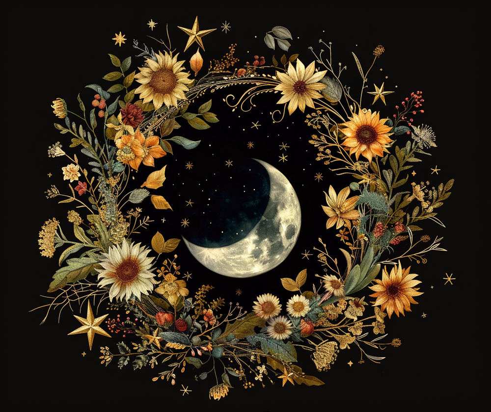 Crescent Moon & Wildflower Mandala Polyester Chenille Area Rug (3 Sizes), Dark Cottagecore Design, Witchy Lunar Aesthetic Room Decor