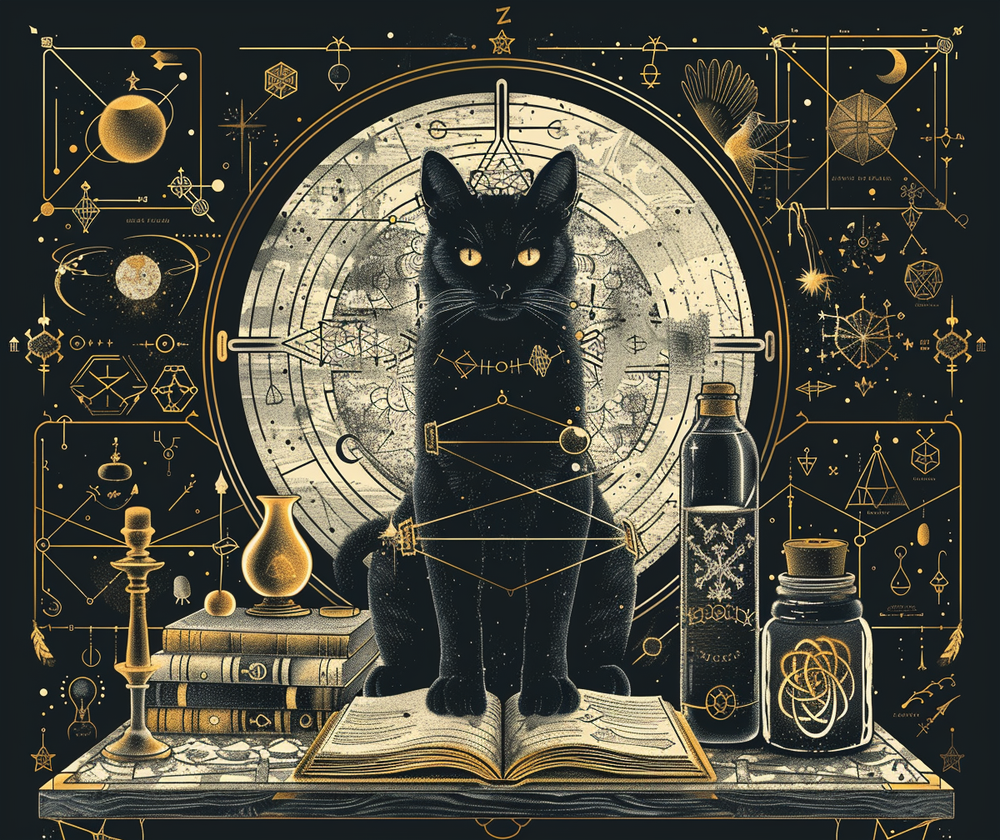 Black Cat & Spell Books Polyester Chenille Area Rug (3 Sizes), Mystical Sacred Geometry Design, Dark Occult Aesthetic Room Decor