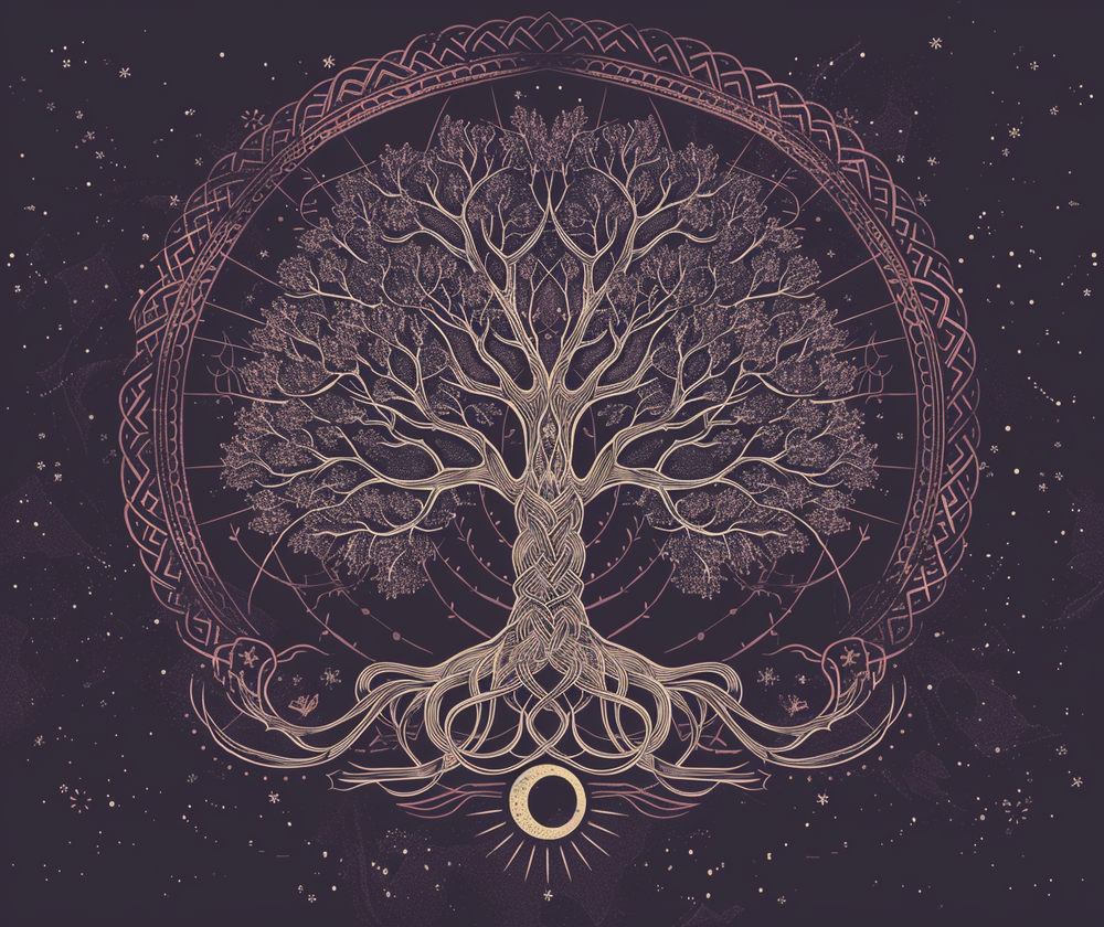 Purple Tree of Life Chenille Round Area Rug, Dark Occult-Inspired Design, Celtic Nature Decor for Home