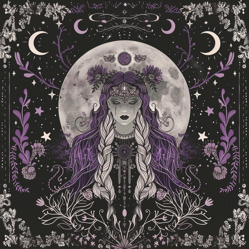 Purple Lunar Goddess Double Sided Tote Bag – Dark Cottagecore Charm with Black Handles, A Moon Admirer's Dream Accessory
