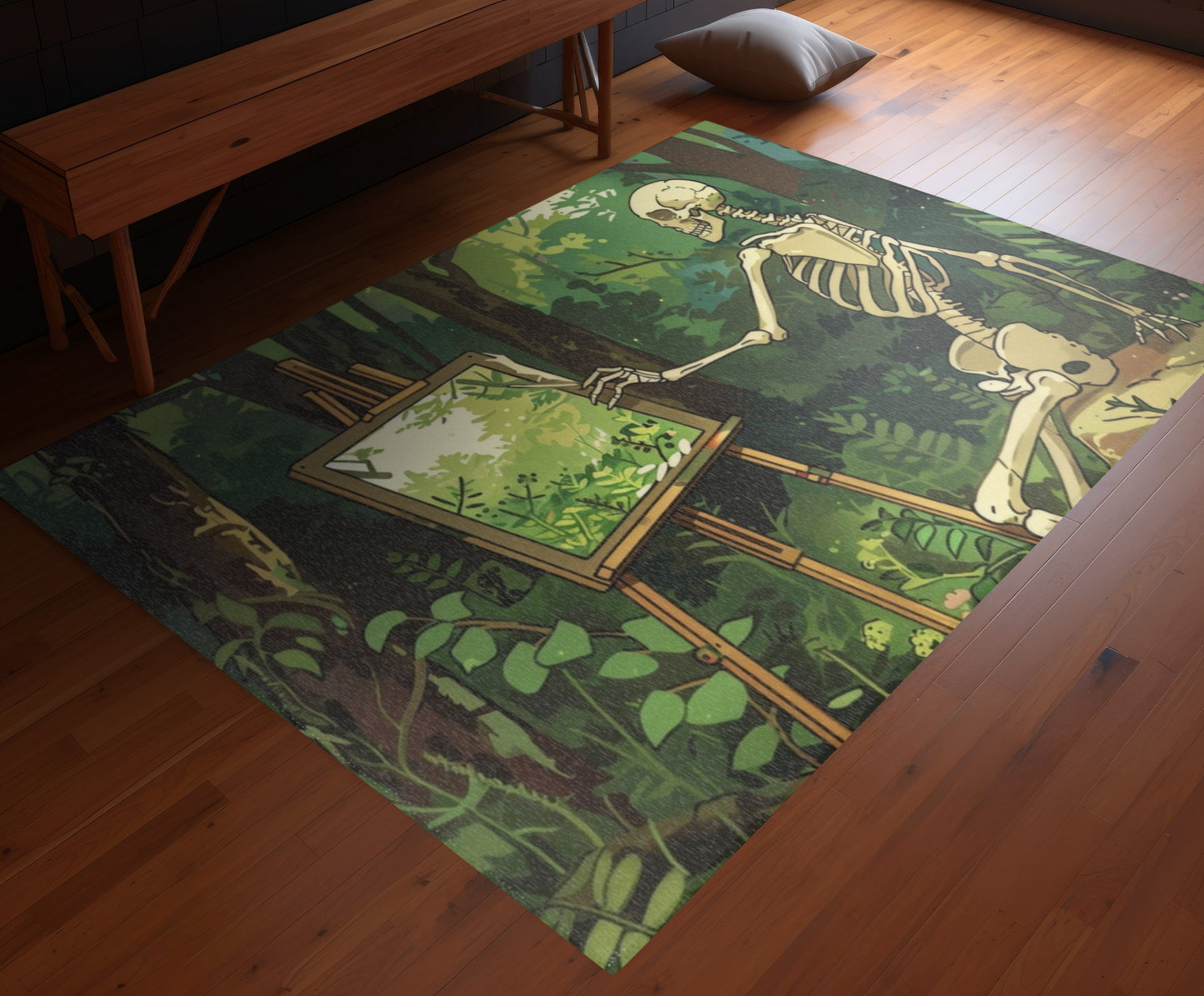 Skeleton Painting Landscape Chenille Area Rug (3 Sizes), Dark Cottagecore Design, Gothic Folk Aesthetic Bedroom, Living, and Dorm Room Decor
