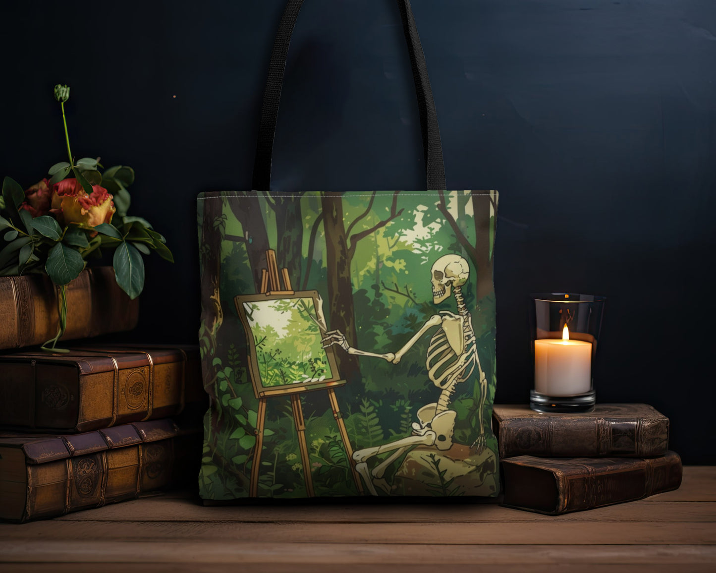 Skeleton Painting Landscape Polyester Tote Bag (Double Sided), Dark Cottagecore Design, Gothic Folk Style Fashion, 3 Sizes, Black Handles