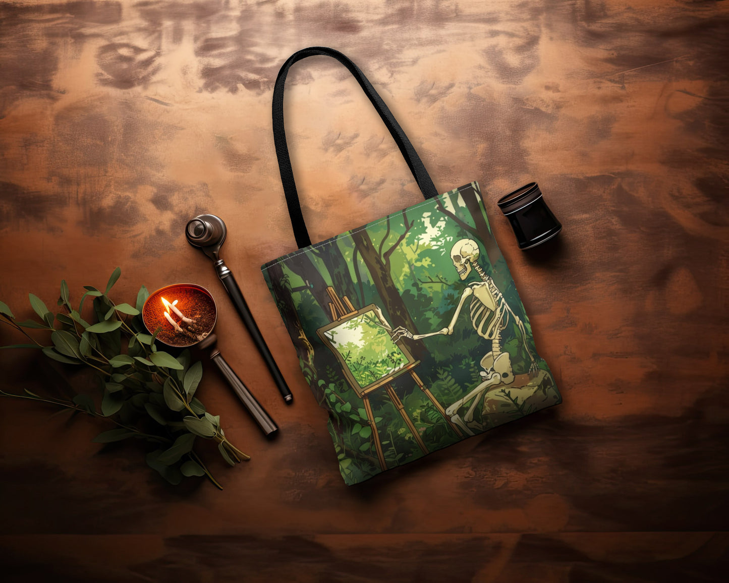 Skeleton Painting Landscape Polyester Tote Bag (Double Sided), Dark Cottagecore Design, Gothic Folk Style Fashion, 3 Sizes, Black Handles