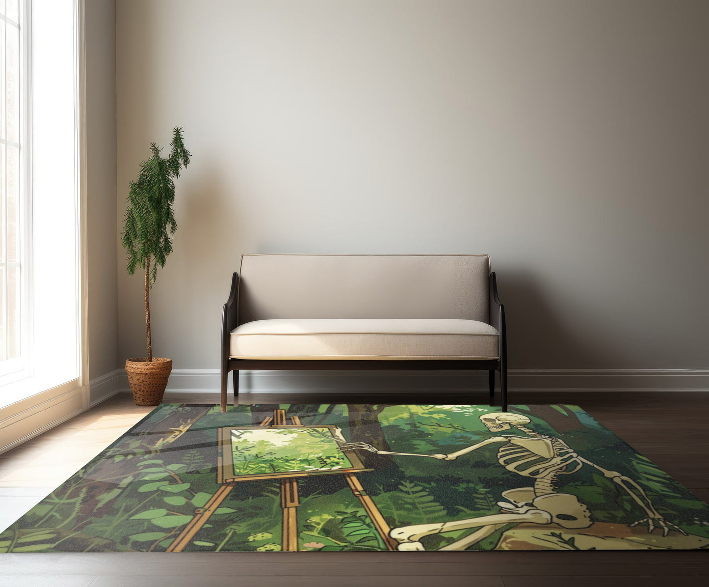 Skeleton Painting Landscape Chenille Area Rug (3 Sizes), Dark Cottagecore Design, Gothic Folk Aesthetic Bedroom, Living, and Dorm Room Decor