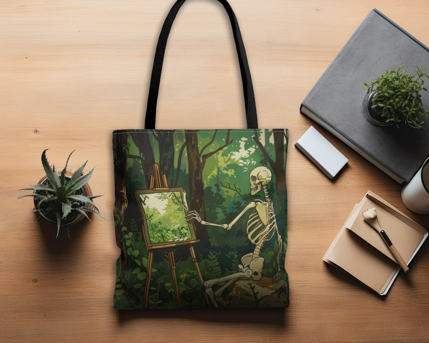Skeleton Painting Landscape Polyester Tote Bag (Double Sided), Dark Cottagecore Design, Gothic Folk Style Fashion, 3 Sizes, Black Handles