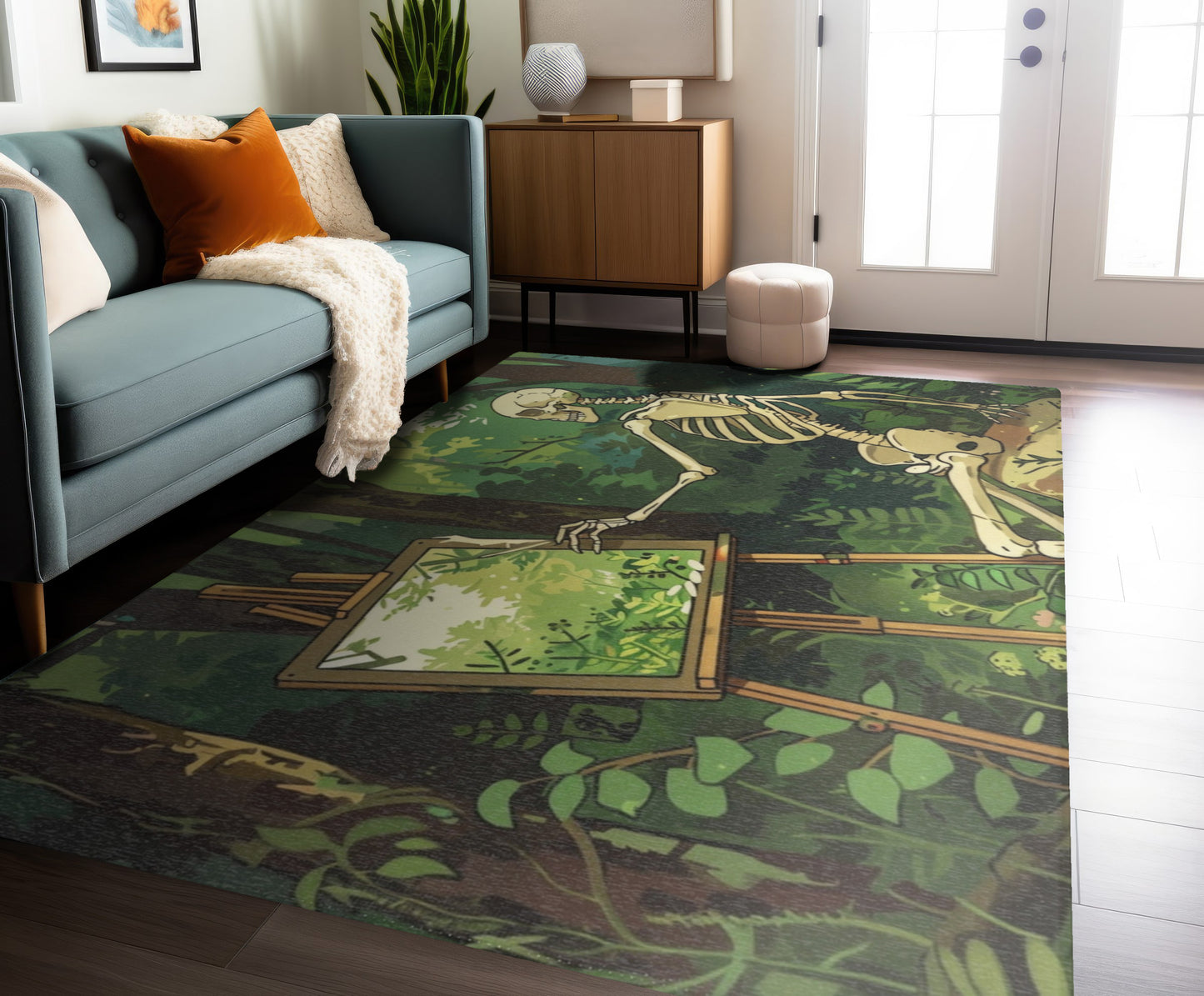 Skeleton Painting Landscape Chenille Area Rug (3 Sizes), Dark Cottagecore Design, Gothic Folk Aesthetic Bedroom, Living, and Dorm Room Decor