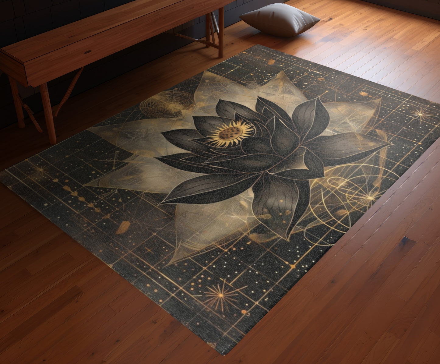 Black Lotus Blossom Polyester Chenille Area Rug (3 Sizes), Sacred Geometry Aesthetic, Dark Occult Bedroom, Living Room & Dorm Room Decor