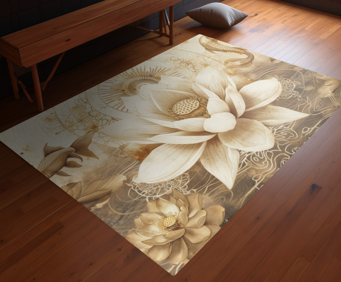 White Lotus Blossom Indoor Chenille Area Rug (3 Sizes), Ancient Occult Aesthetic, Zen Nature Style Living, Dorm & Bed Room Decor