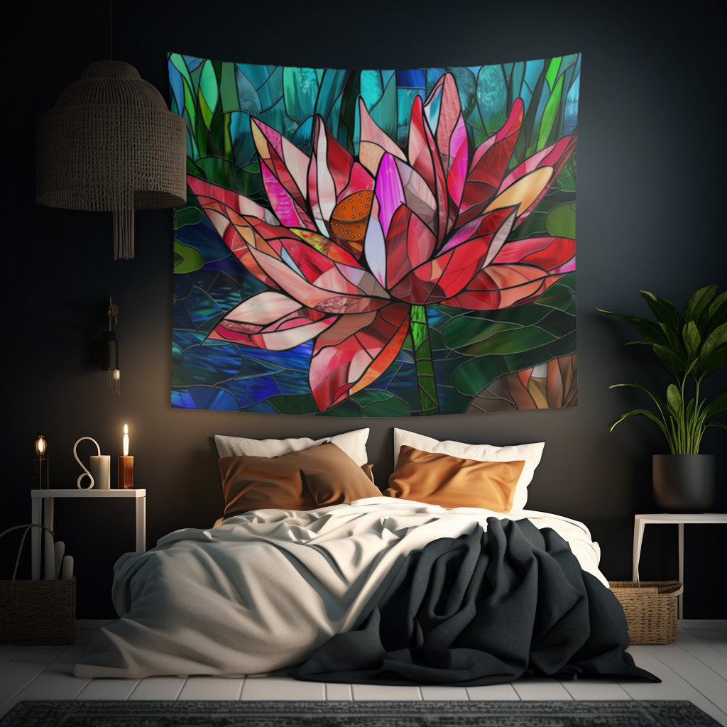 Stained Glass Lotus Flower Wall Tapestry, Radiant Botanical Design, Serene Ambiance Enhancer for Meditation and Living Spaces, Home Decor