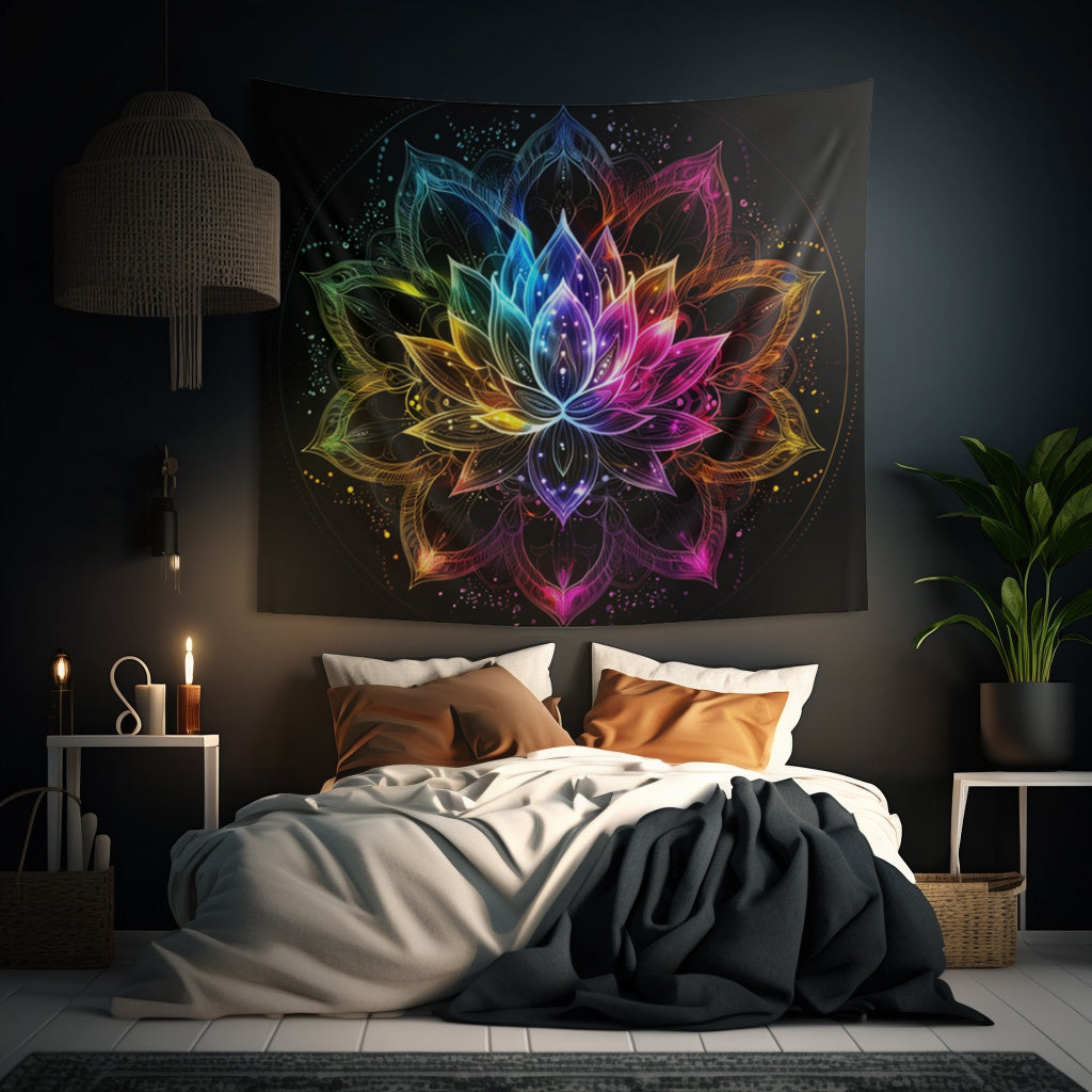 Luminous Lotus Indoor Wall Tapestry, Vibrant Energy Motif, Radiant Floral Mandala, Cosmic Bloom Design, Ethereal Color Spectrum Wall Art