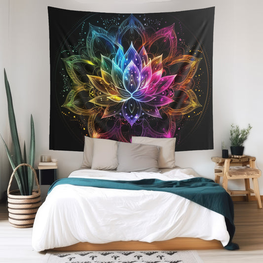 Luminous Lotus Indoor Wall Tapestry, Vibrant Energy Motif, Radiant Floral Mandala, Cosmic Bloom Design, Ethereal Color Spectrum Wall Art