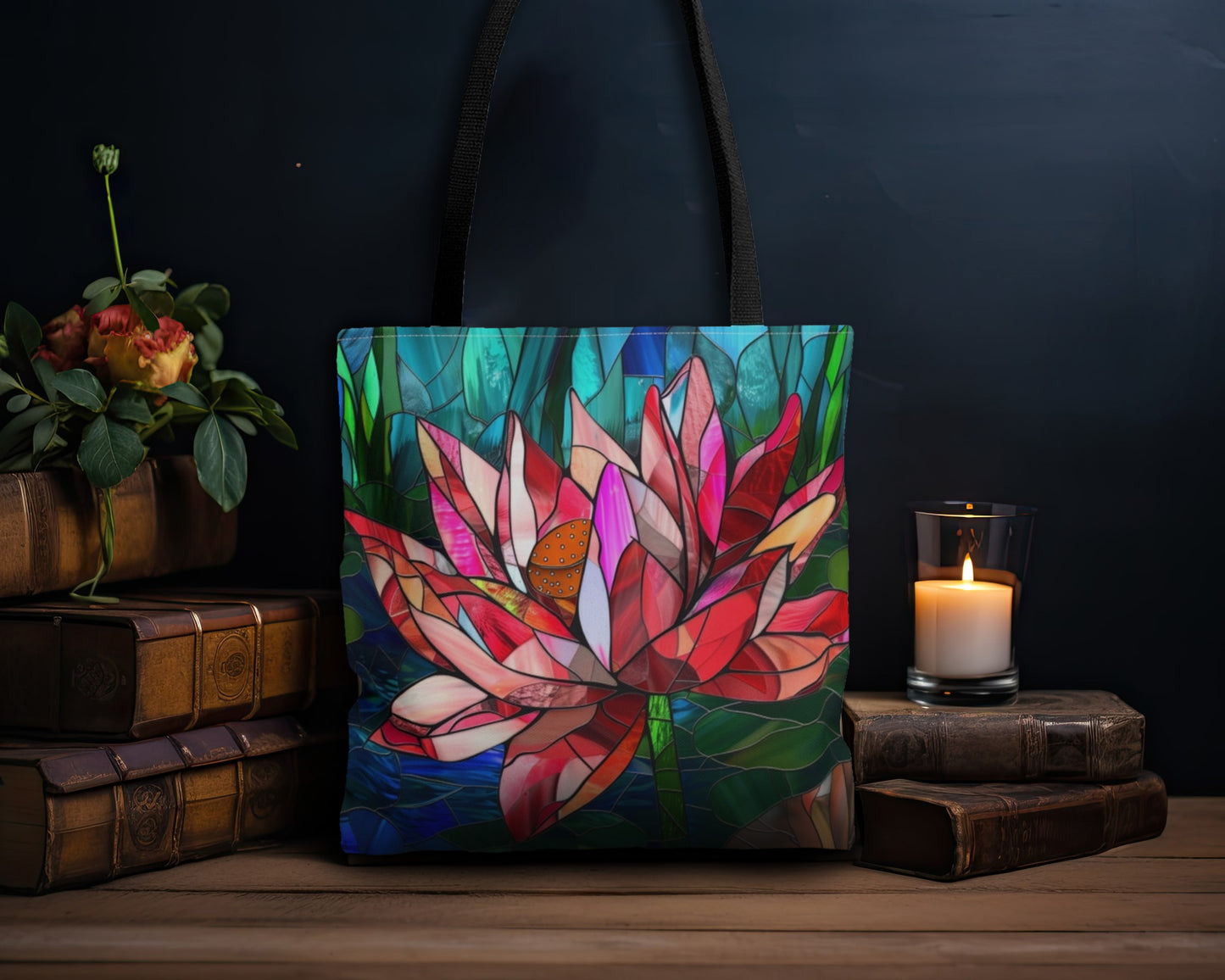 Stained Glass Lotus Elegance Tote Bag with Black Handles, Vibrant Floral Carryall, Chic Accessory for Stylish Outings & Market Visits