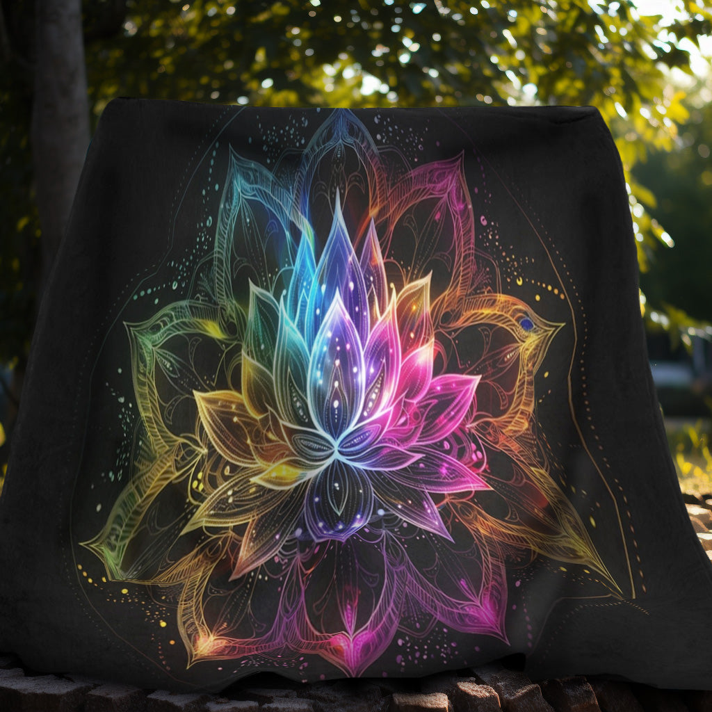 Luminous Lotus Double-Sided Throw Blanket, Vibrant Energy Motif, Radiant Floral Mandala, Cosmic Bloom Design, Ethereal Color Spectrum Art