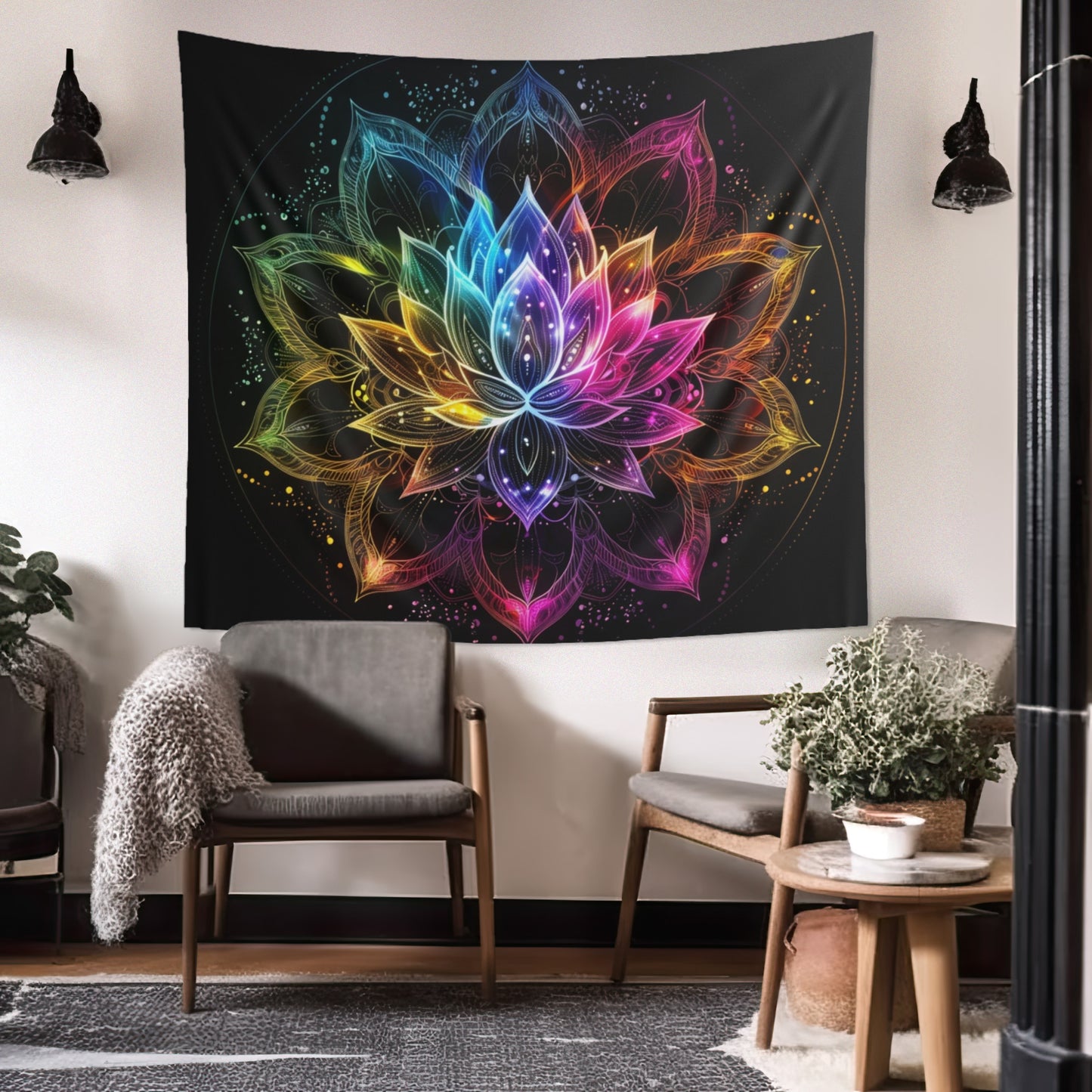 Luminous Lotus Indoor Wall Tapestry, Vibrant Energy Motif, Radiant Floral Mandala, Cosmic Bloom Design, Ethereal Color Spectrum Wall Art