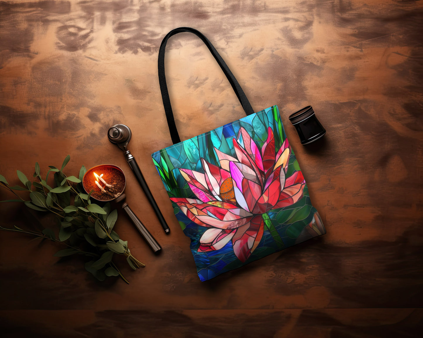 Stained Glass Lotus Elegance Tote Bag with Black Handles, Vibrant Floral Carryall, Chic Accessory for Stylish Outings & Market Visits