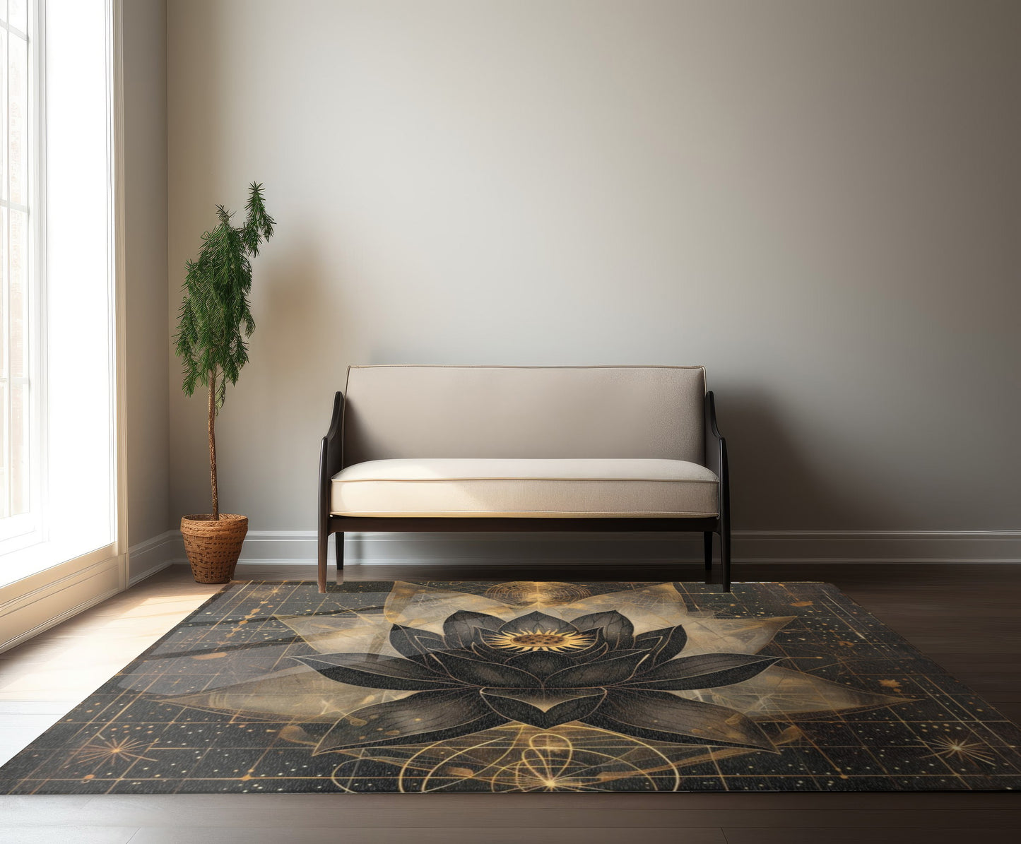 Black Lotus Blossom Polyester Chenille Area Rug (3 Sizes), Sacred Geometry Aesthetic, Dark Occult Bedroom, Living Room & Dorm Room Decor