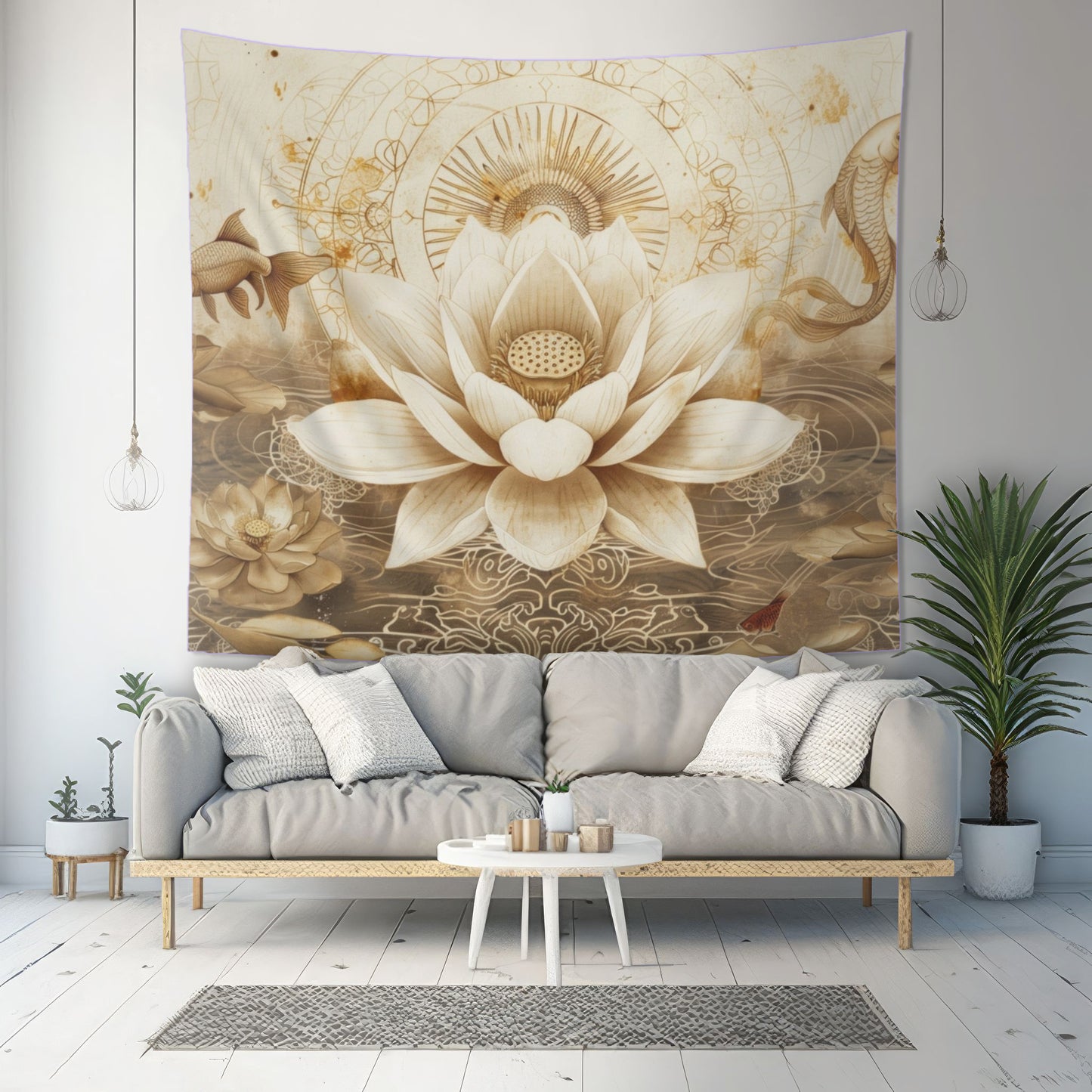 White Lotus Blossom Indoor Wall Tapestry, Ancient Occult Aesthetic Altar Cloth, Zen Nature Style Living, Dorm & Bed Room Decor