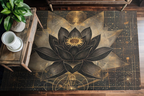 Black Lotus Blossom Polyester Chenille Area Rug (3 Sizes), Sacred Geometry Aesthetic, Dark Occult Bedroom, Living Room & Dorm Room Decor