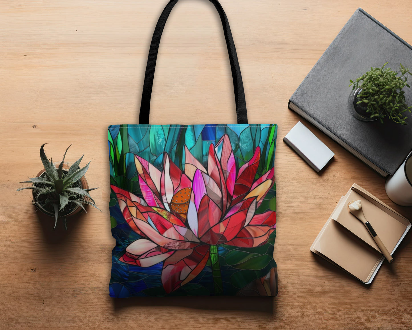 Stained Glass Lotus Elegance Tote Bag with Black Handles, Vibrant Floral Carryall, Chic Accessory for Stylish Outings & Market Visits