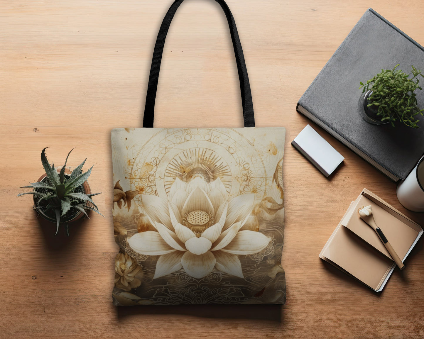 White Lotus Blossom Double Sided Tote Bag, Ancient Occult Aesthetic, Zen Nature Fashion Style, 3 Sizes, Black Handles