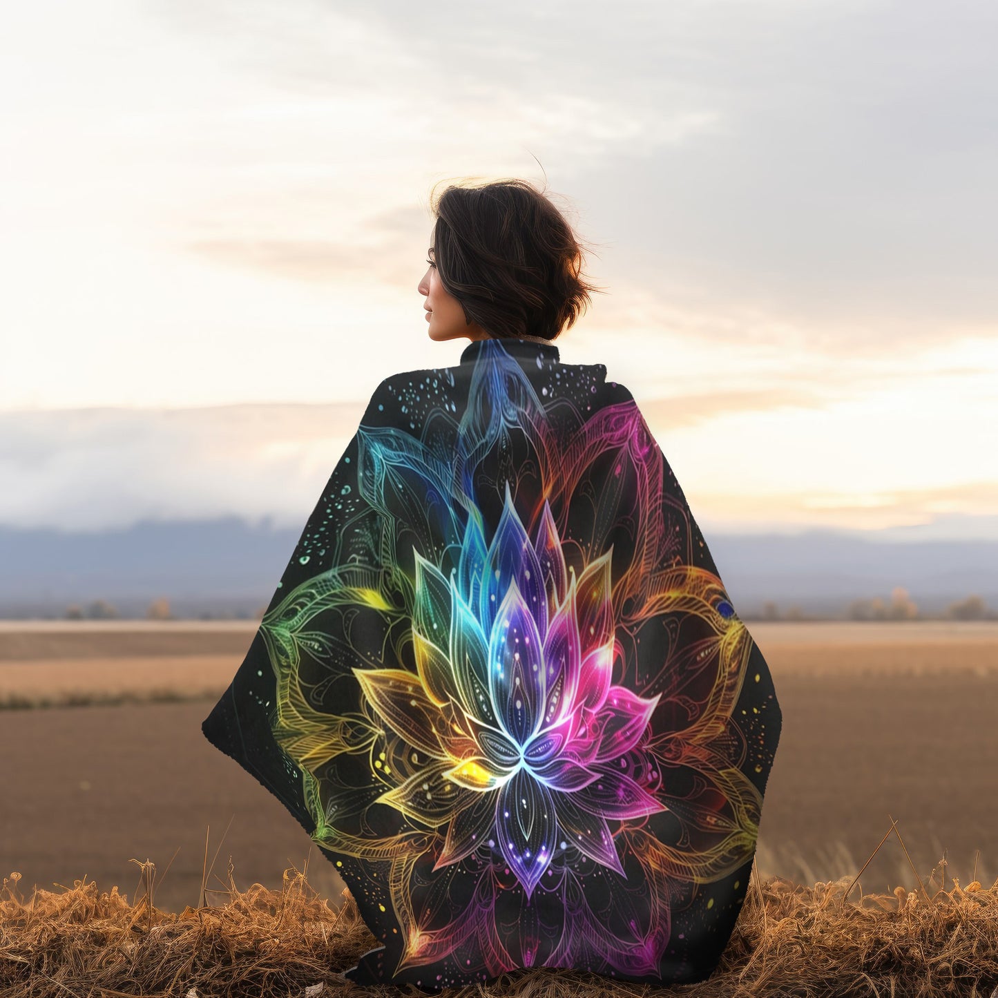 Luminous Lotus Double-Sided Throw Blanket, Vibrant Energy Motif, Radiant Floral Mandala, Cosmic Bloom Design, Ethereal Color Spectrum Art