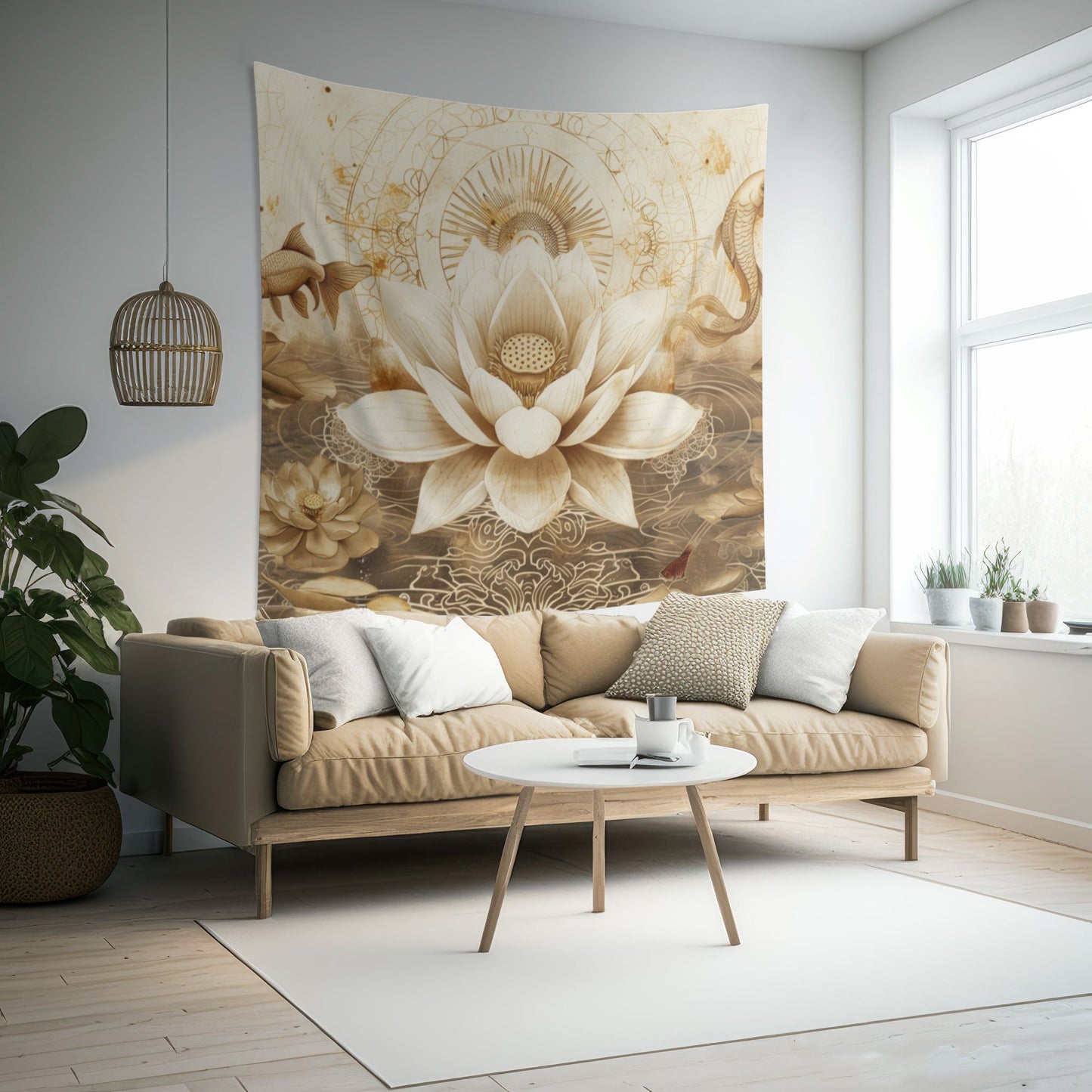 White Lotus Blossom Indoor Wall Tapestry, Ancient Occult Aesthetic Altar Cloth, Zen Nature Style Living, Dorm & Bed Room Decor