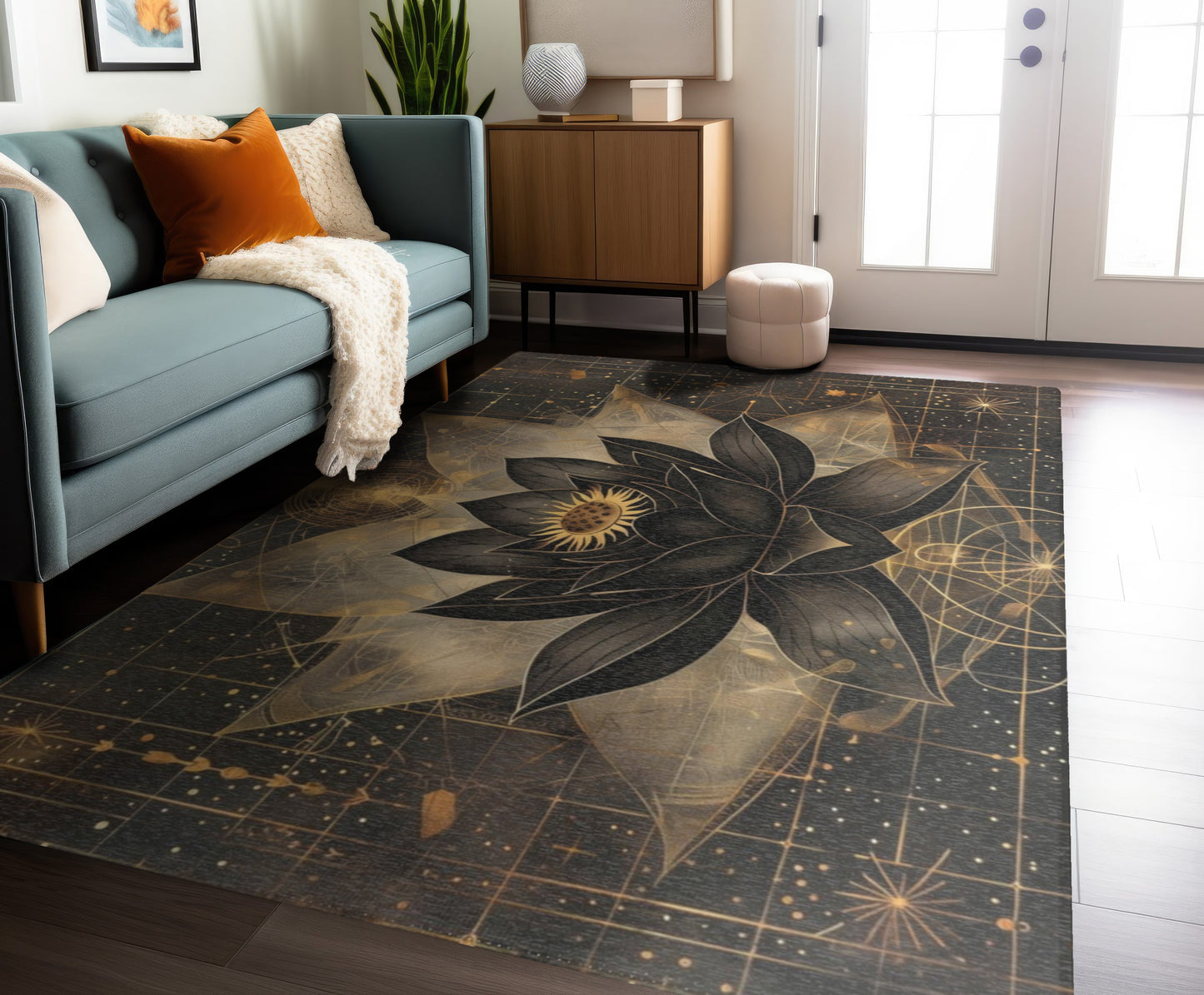 Black Lotus Blossom Polyester Chenille Area Rug (3 Sizes), Sacred Geometry Aesthetic, Dark Occult Bedroom, Living Room & Dorm Room Decor