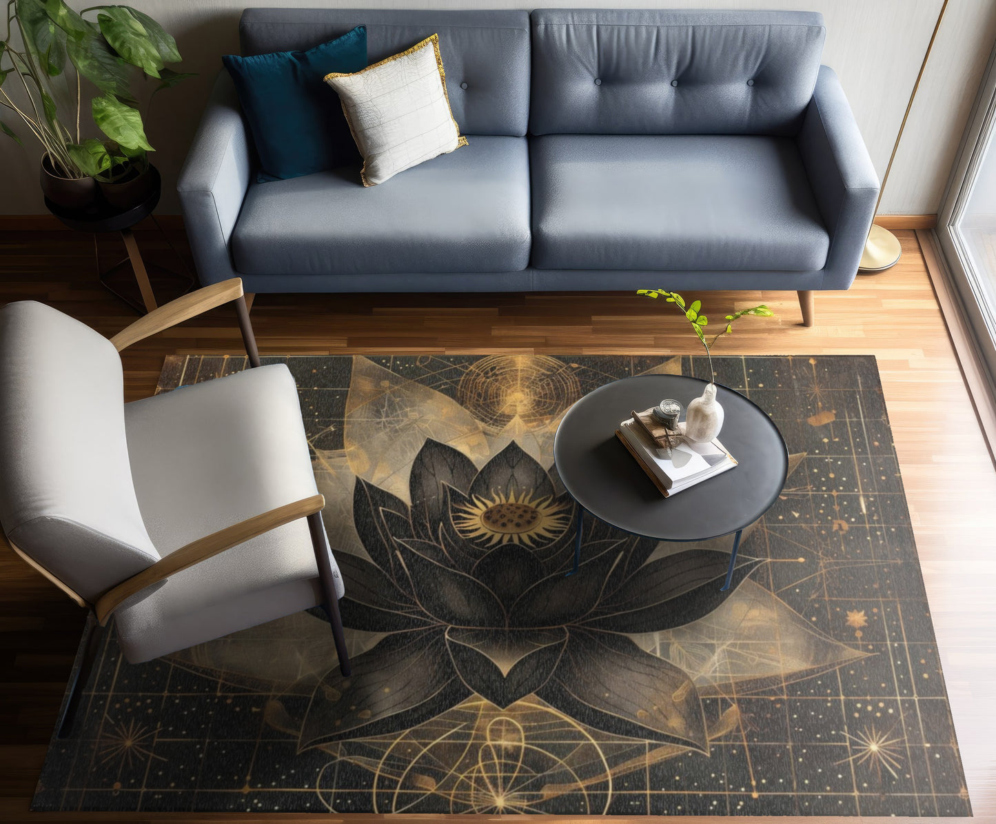 Black Lotus Blossom Polyester Chenille Area Rug (3 Sizes), Sacred Geometry Aesthetic, Dark Occult Bedroom, Living Room & Dorm Room Decor