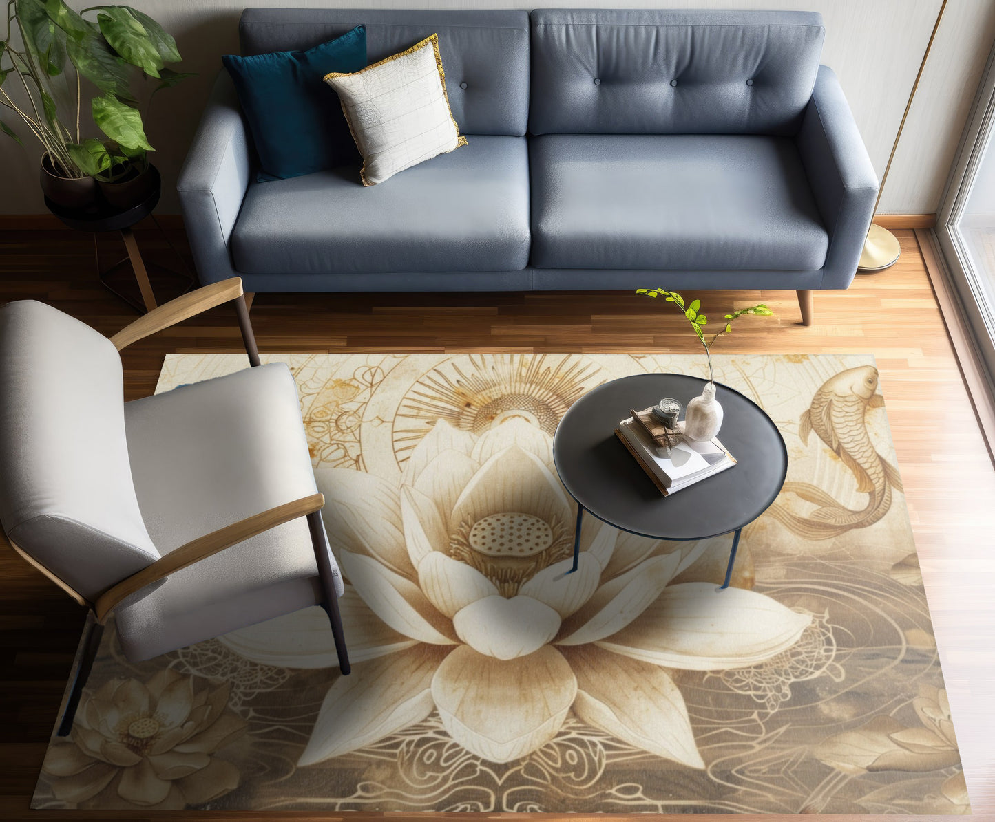 White Lotus Blossom Indoor Chenille Area Rug (3 Sizes), Ancient Occult Aesthetic, Zen Nature Style Living, Dorm & Bed Room Decor