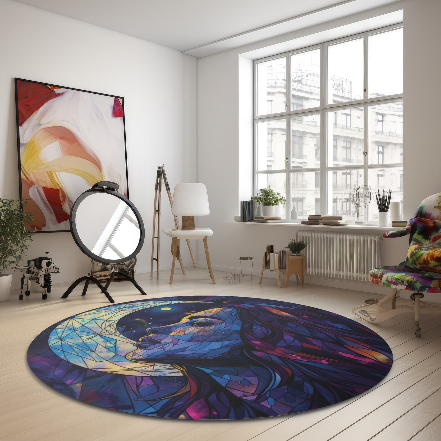 Moonlit Muse Stained Glass Chenille Round Rug, Celestial Lunar Goddess Design, Mystical Decor for Meditation & Tranquil Living Spaces