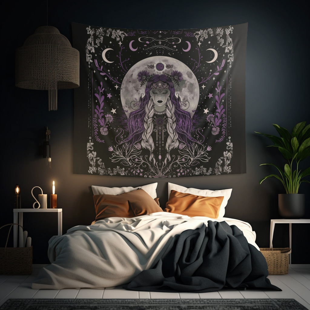 Enchanted Lunar Goddess & Wildflower Wall Tapestry – Mystical Moonlit Decor for Home & Dorm