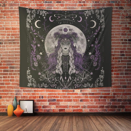 Enchanted Lunar Goddess & Wildflower Wall Tapestry – Mystical Moonlit Decor for Home & Dorm