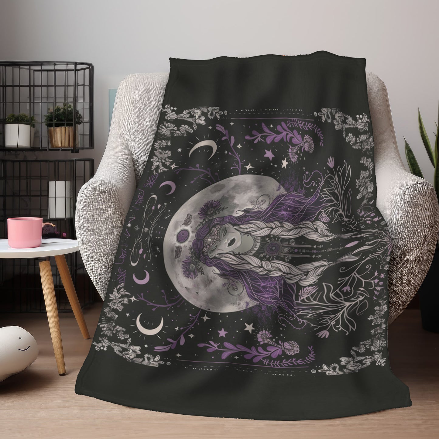 Lunar Goddess Reversible Comfort Throw, Enchanted Occult Motif, Ideal for Nature and Moon Aficionados, Magical Home and Lounge Accent