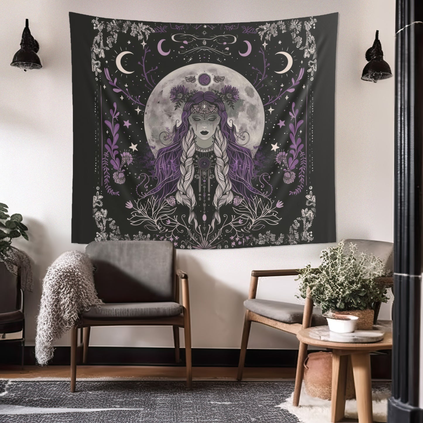 Enchanted Lunar Goddess & Wildflower Wall Tapestry – Mystical Moonlit Decor for Home & Dorm