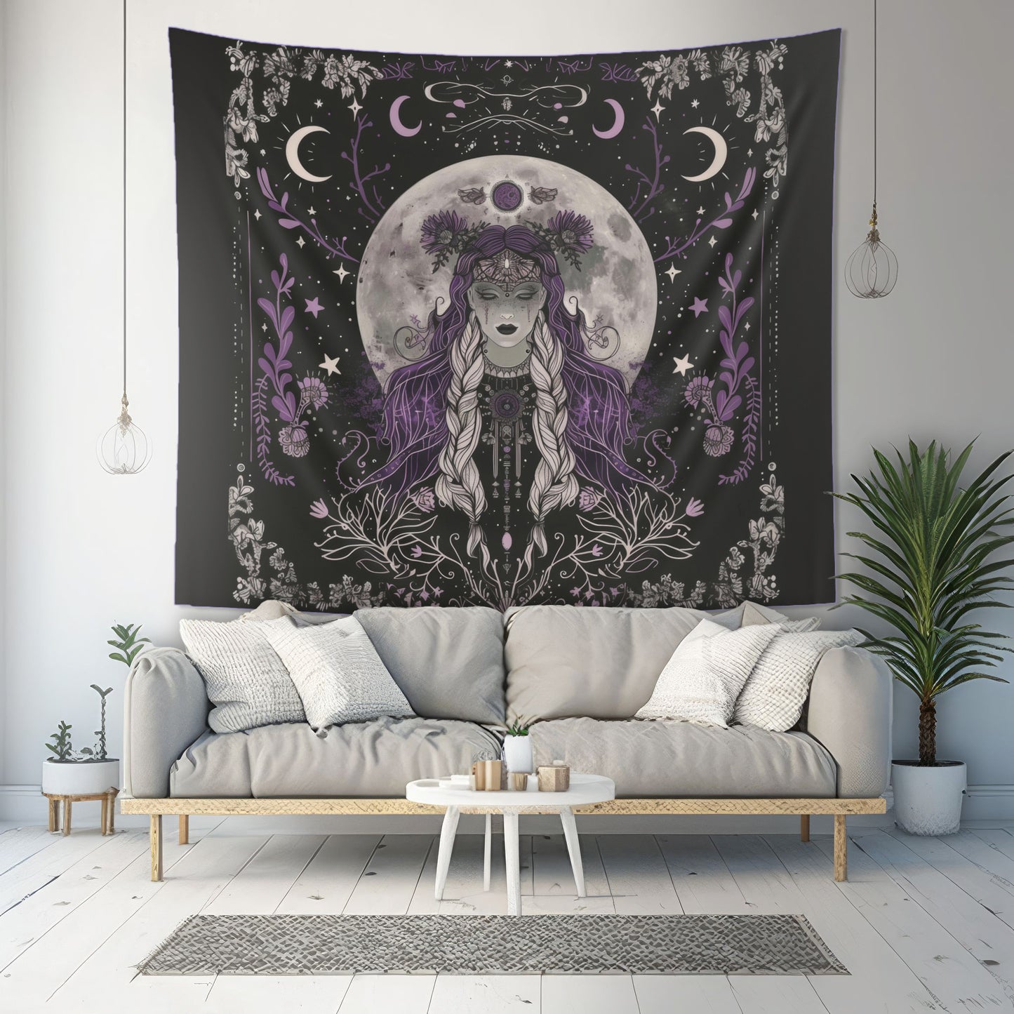 Enchanted Lunar Goddess & Wildflower Wall Tapestry – Mystical Moonlit Decor for Home & Dorm
