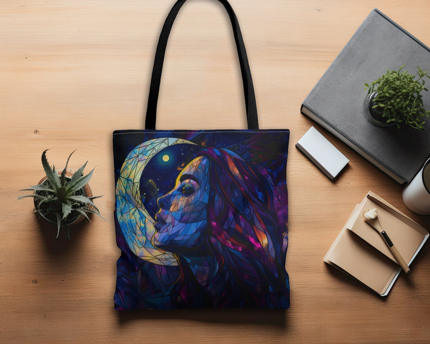 Celestial Lunar Goddess Stained Glass Tote Bag, Ethereal Night Sky Design, Artistic Carryall with Black Handles for Daily Use & Inspiration